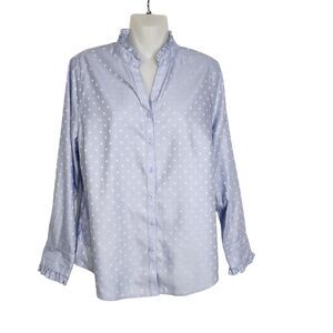 Chico's Womens Shirt Non Iron Size 0 4/6 Blue Polka Dot Print Ruffle 100% Cotton